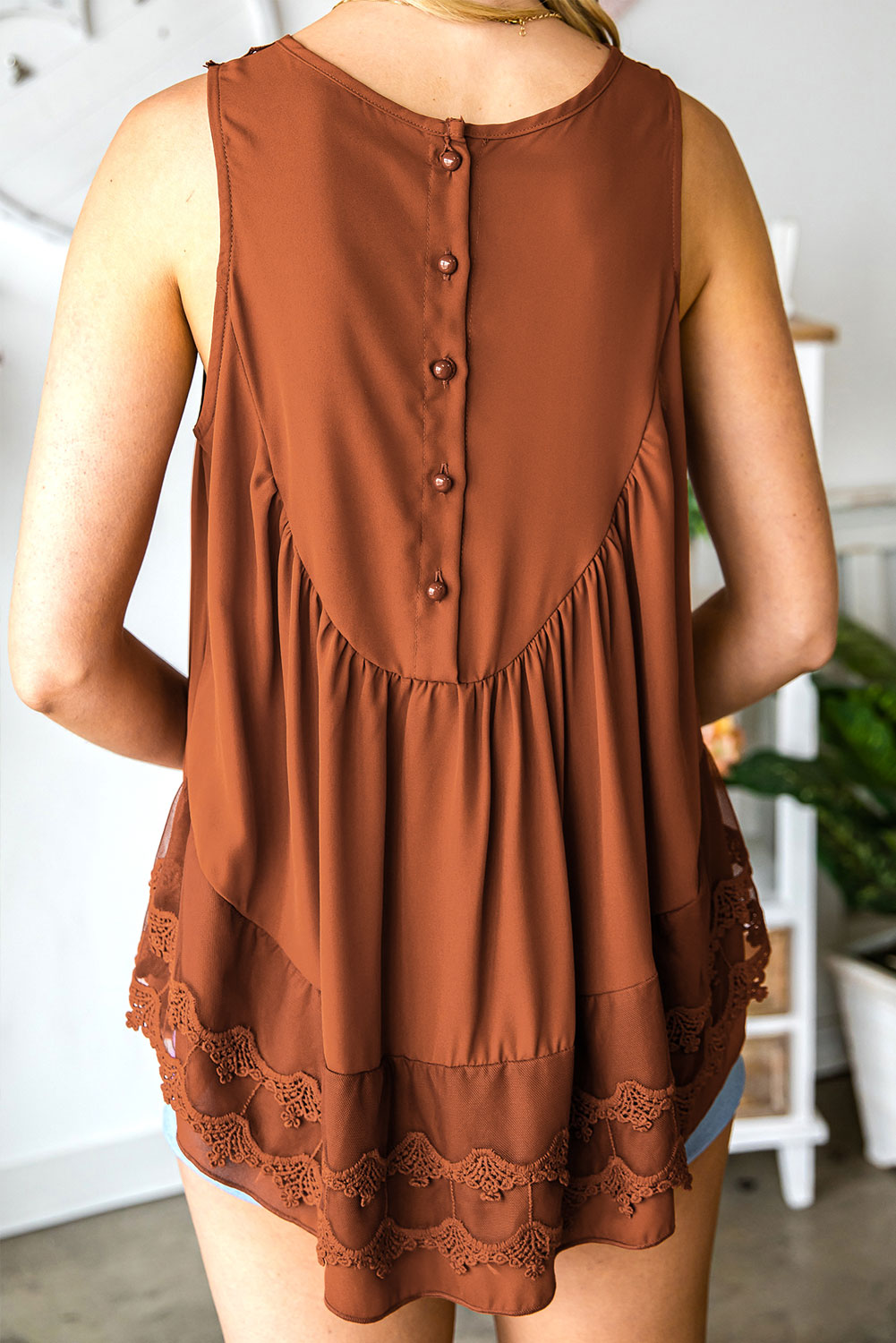 Casual Contrast Lace Crochet Button Back Sleeveless Shirt