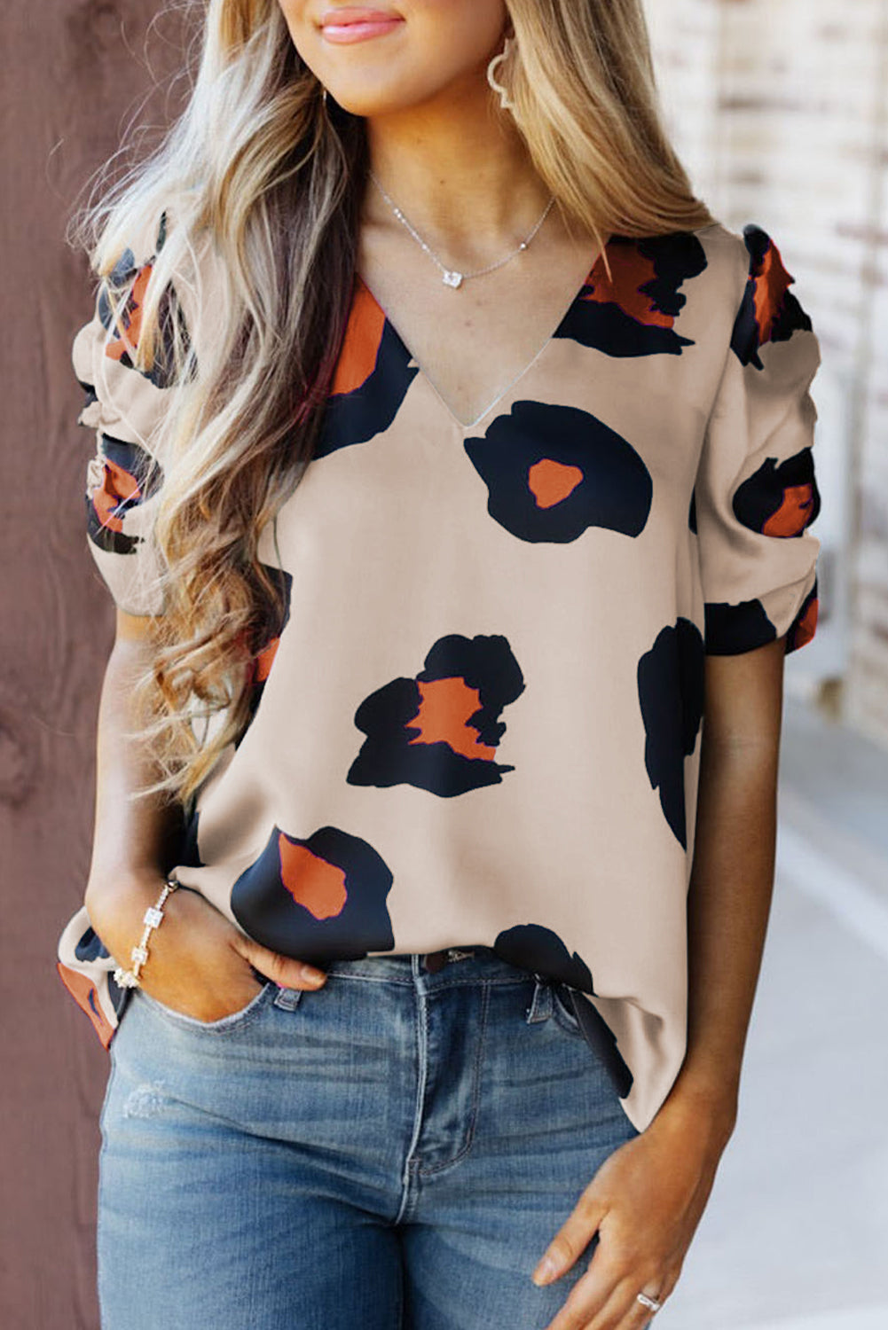 V Neck Ruched Short Sleeve Leopard Print Short Sleeve Blouse