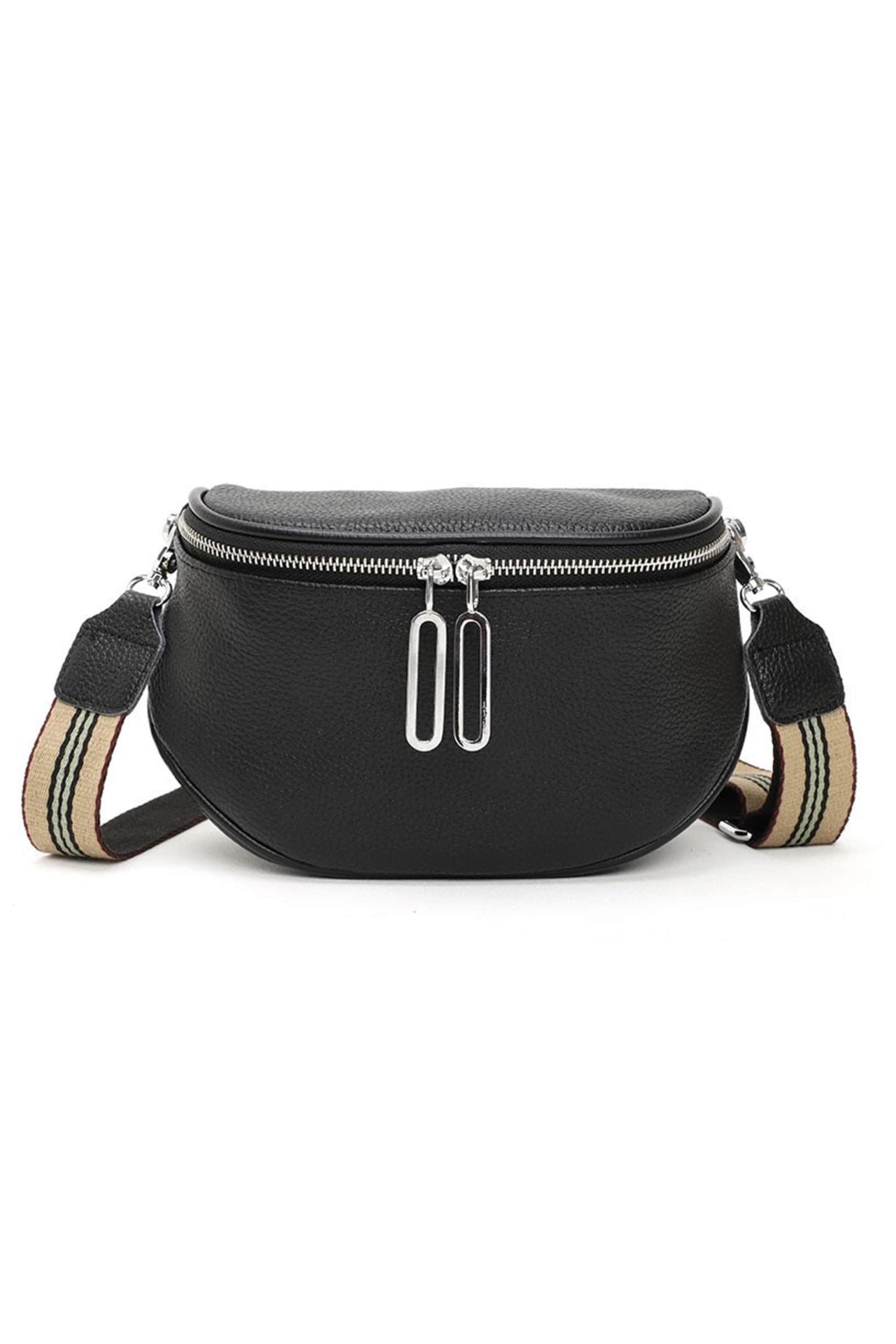 Striped Strap Zipper PU Leather Crossbody Bag