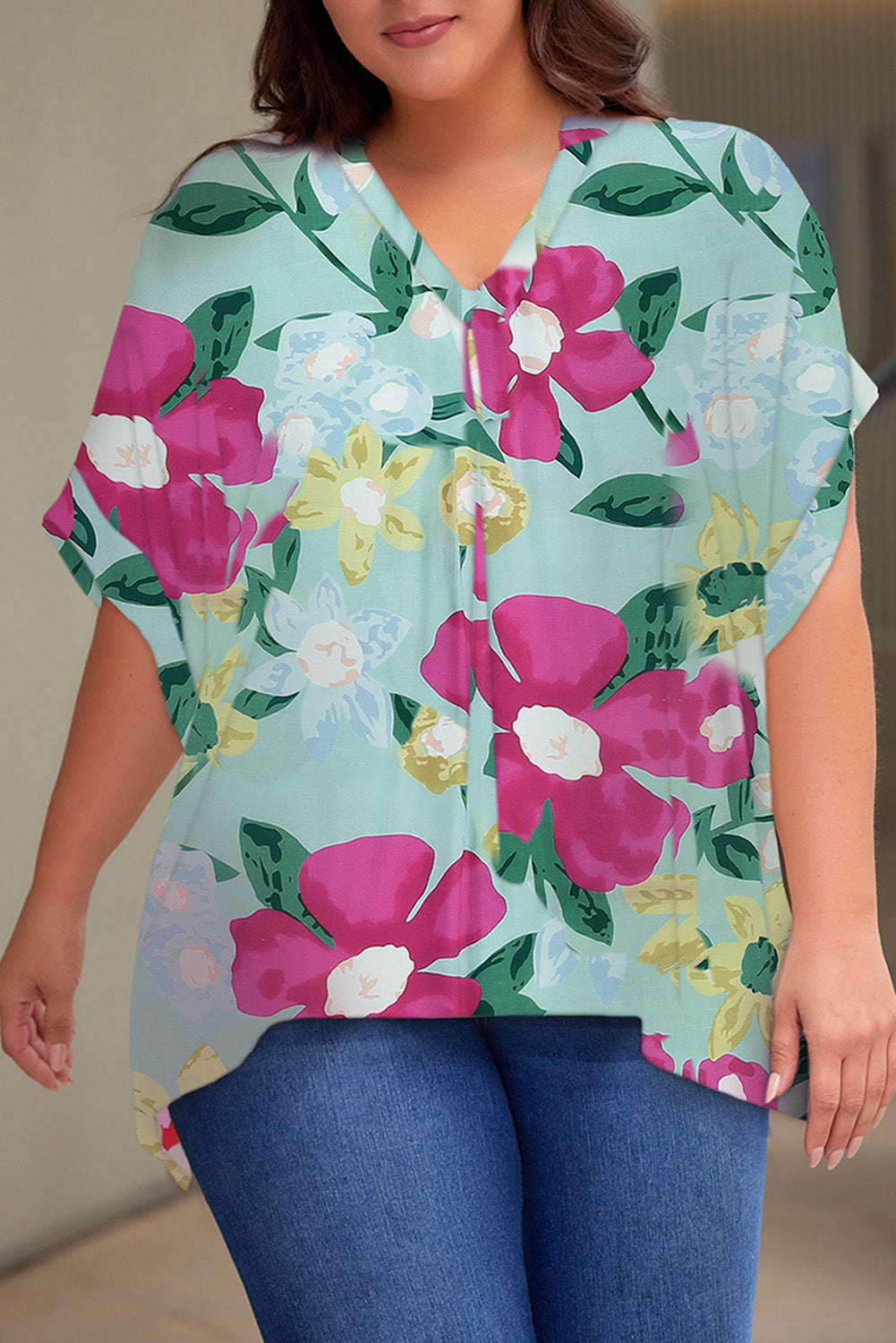 Multicolor Floral Print V Neck Half Sleeve Plus Size Blouse