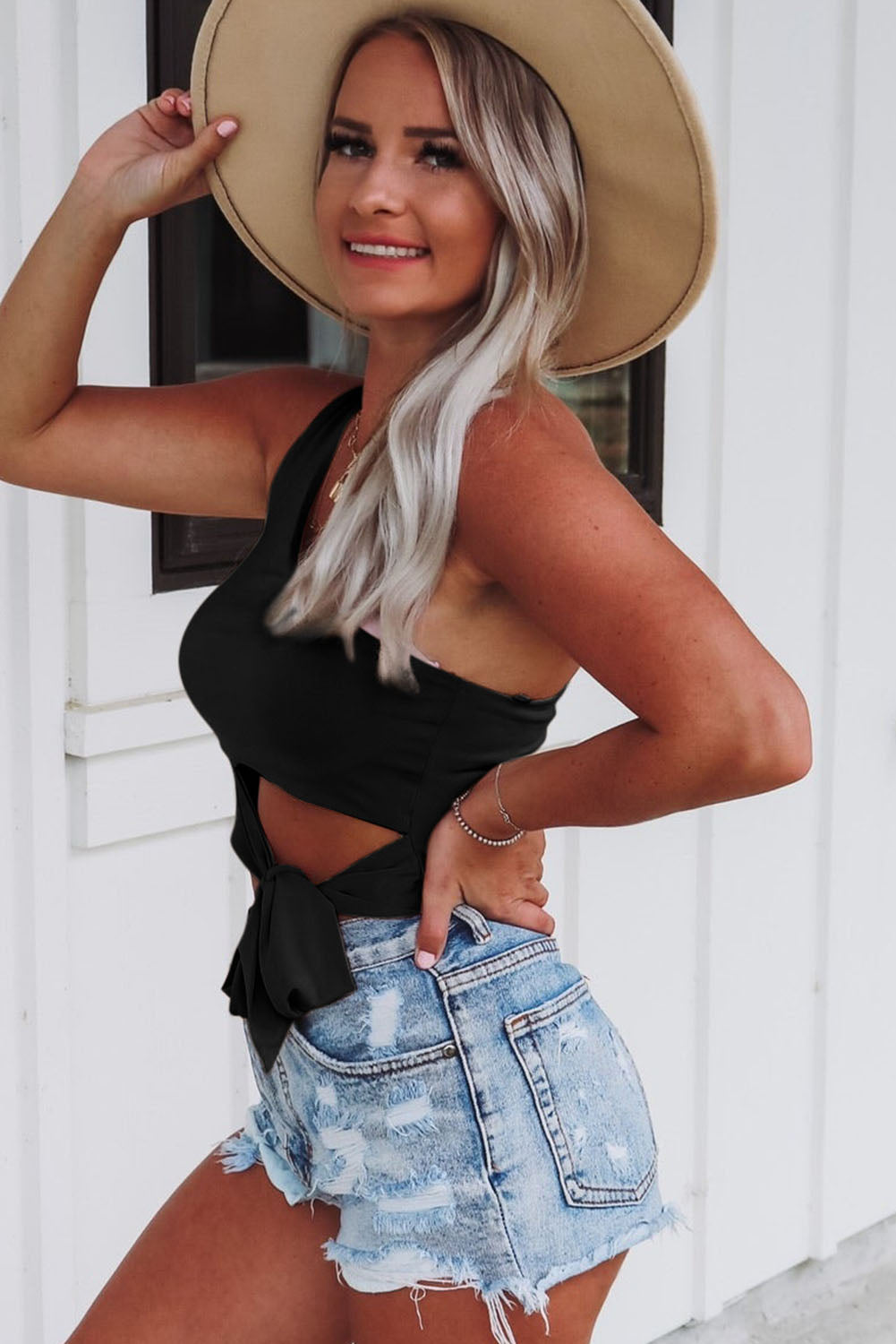 Plain Casual Sleeveless One Shoulder Tie Front Crop Top