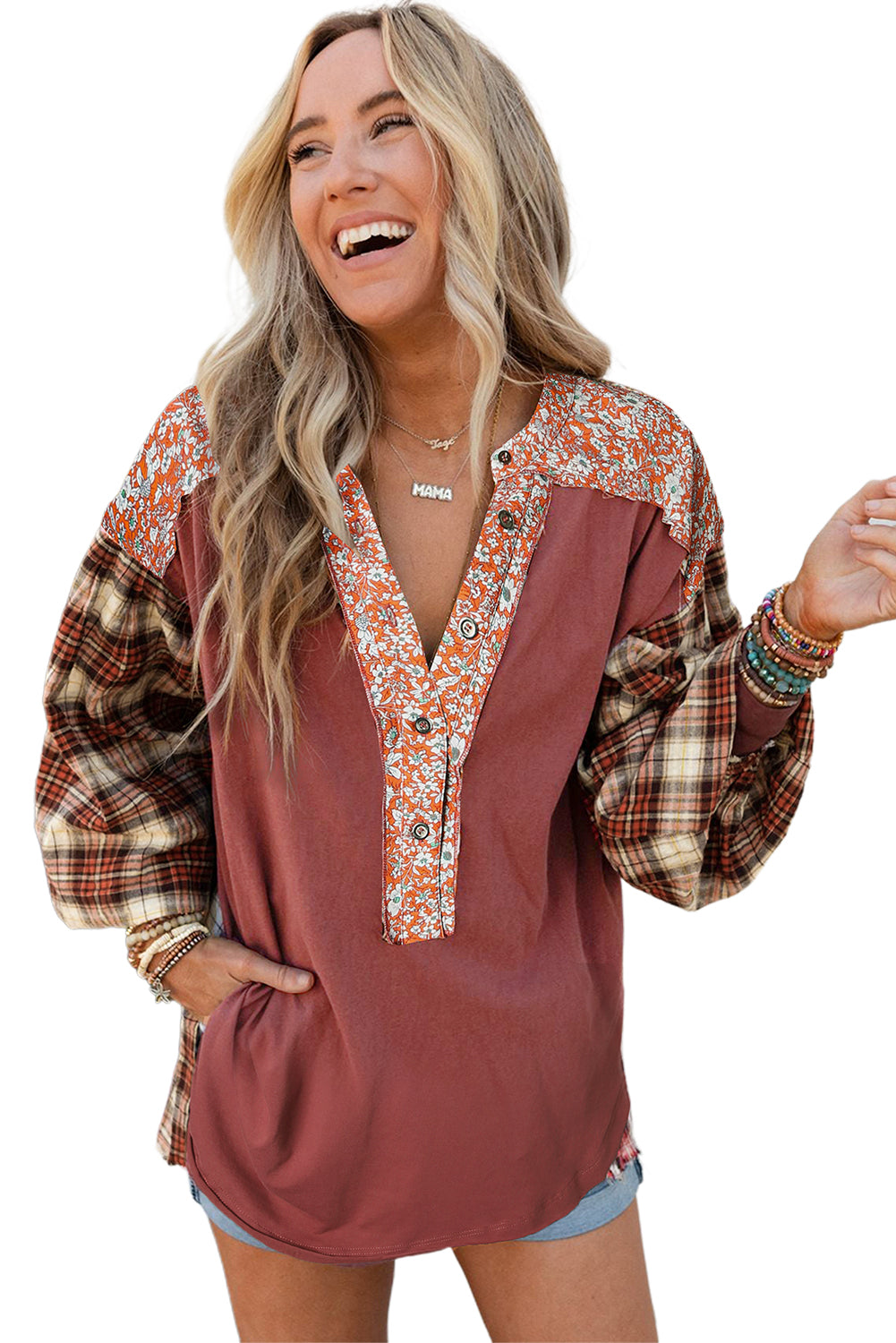 Red Dahlia Mixed Print Half Buttons Plus Size Pullover Top