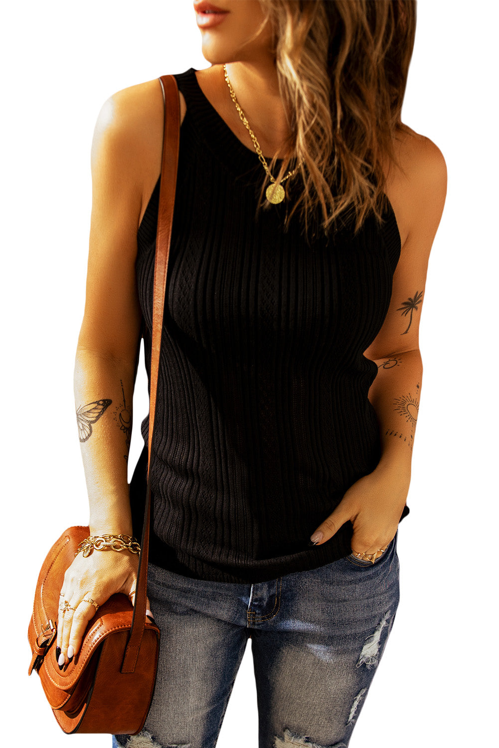 Casual Crew Neck Knit Crop Tank Top