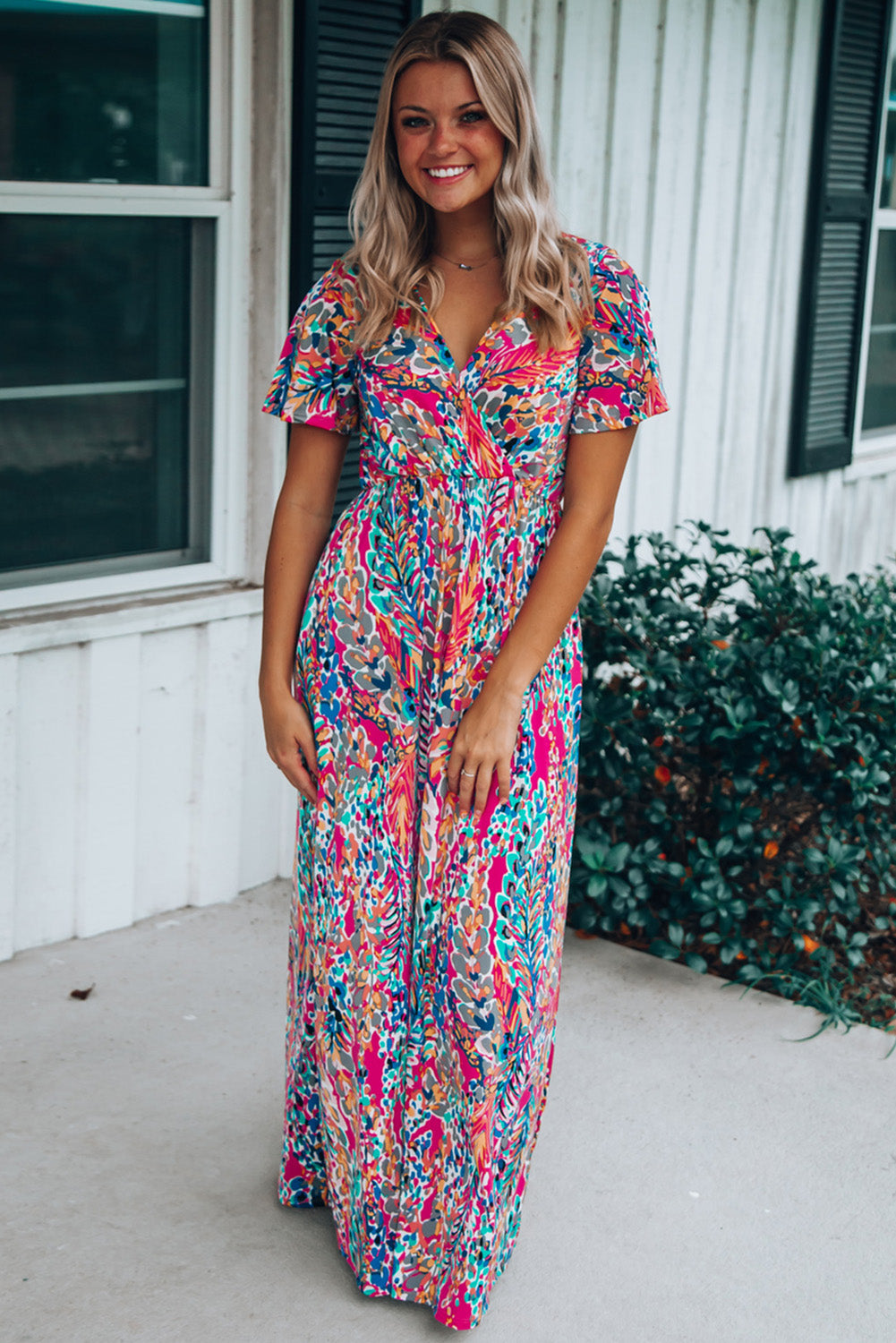 Abstract Print Wrap V Neck Flutter Sleeve Mid Length Summer Dress