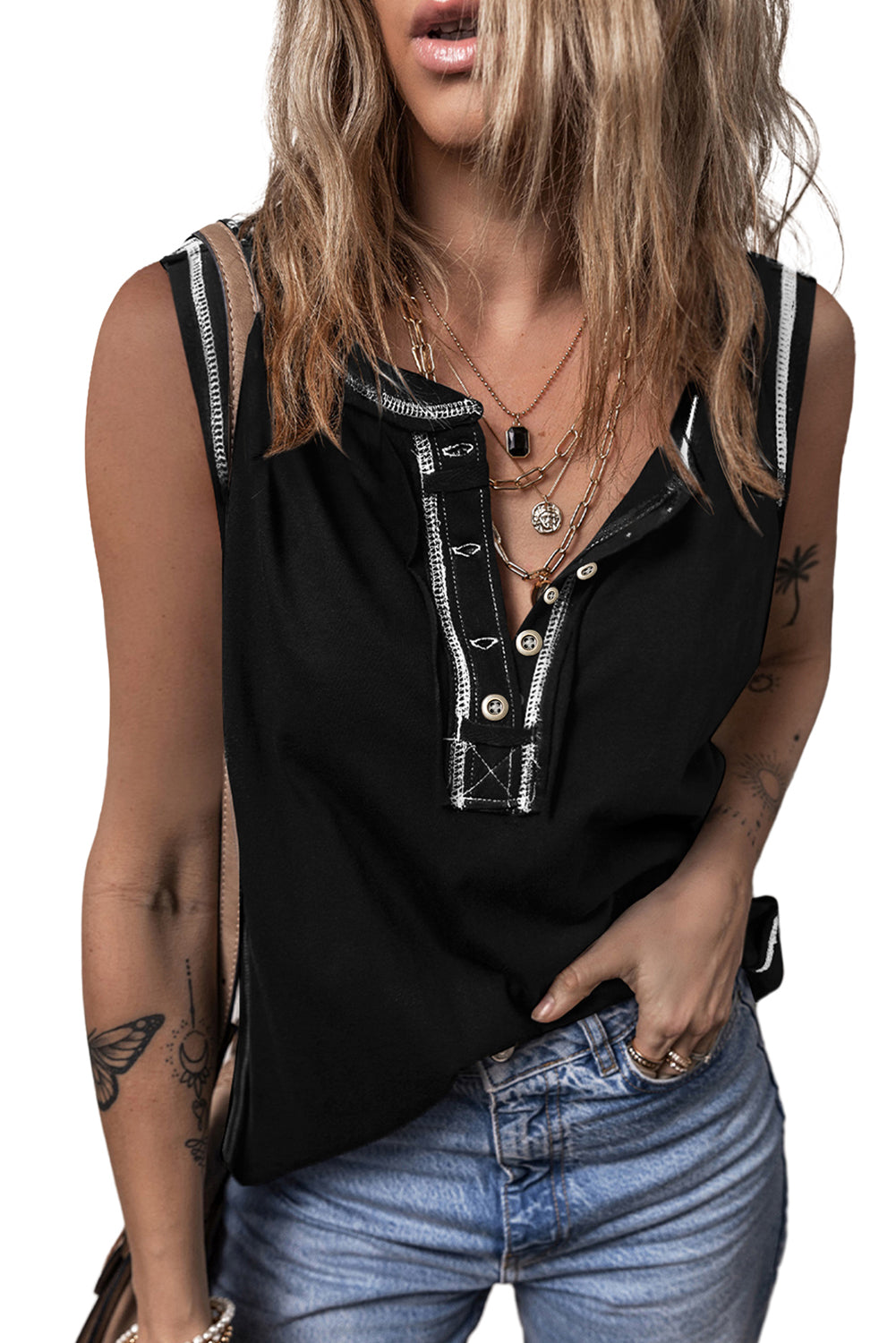 Contrast Stitching Exposed Seam Henley Tank Top