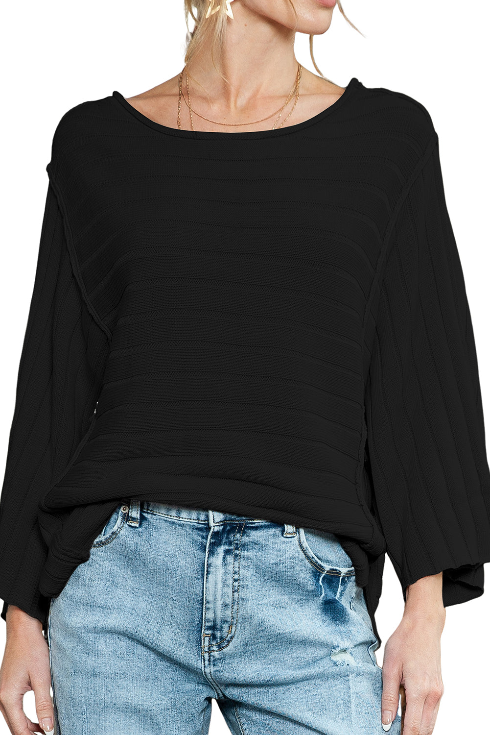 Brown Ribbed Knit Exposed Seam Dolman Sweater