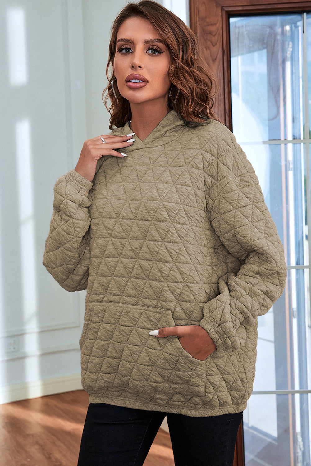 Coffee Thermal Quilted Kangaroo Pocket Hoodie