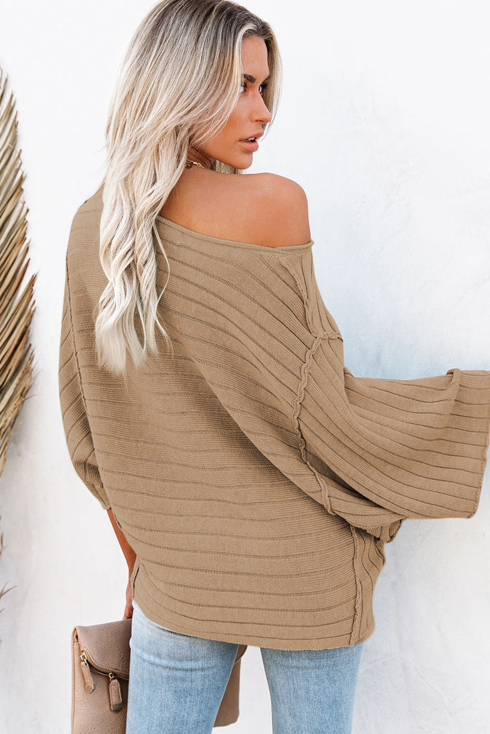 Brown Ribbed Knit Exposed Seam Dolman Sweater