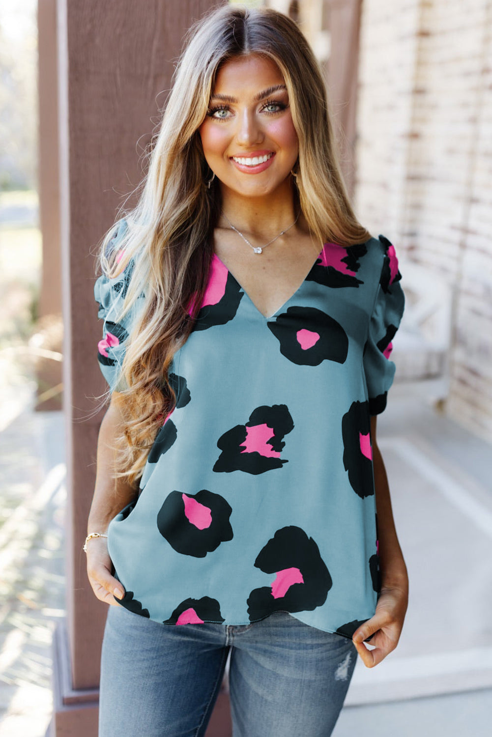 V Neck Ruched Short Sleeve Leopard Print Short Sleeve Blouse