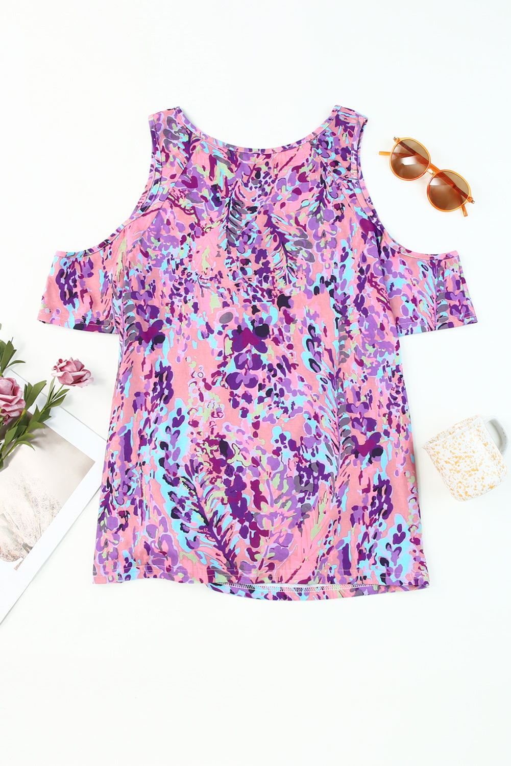 Abstract Print Wrap V Neck Flutter Sleeve Mid Length Summer Dress