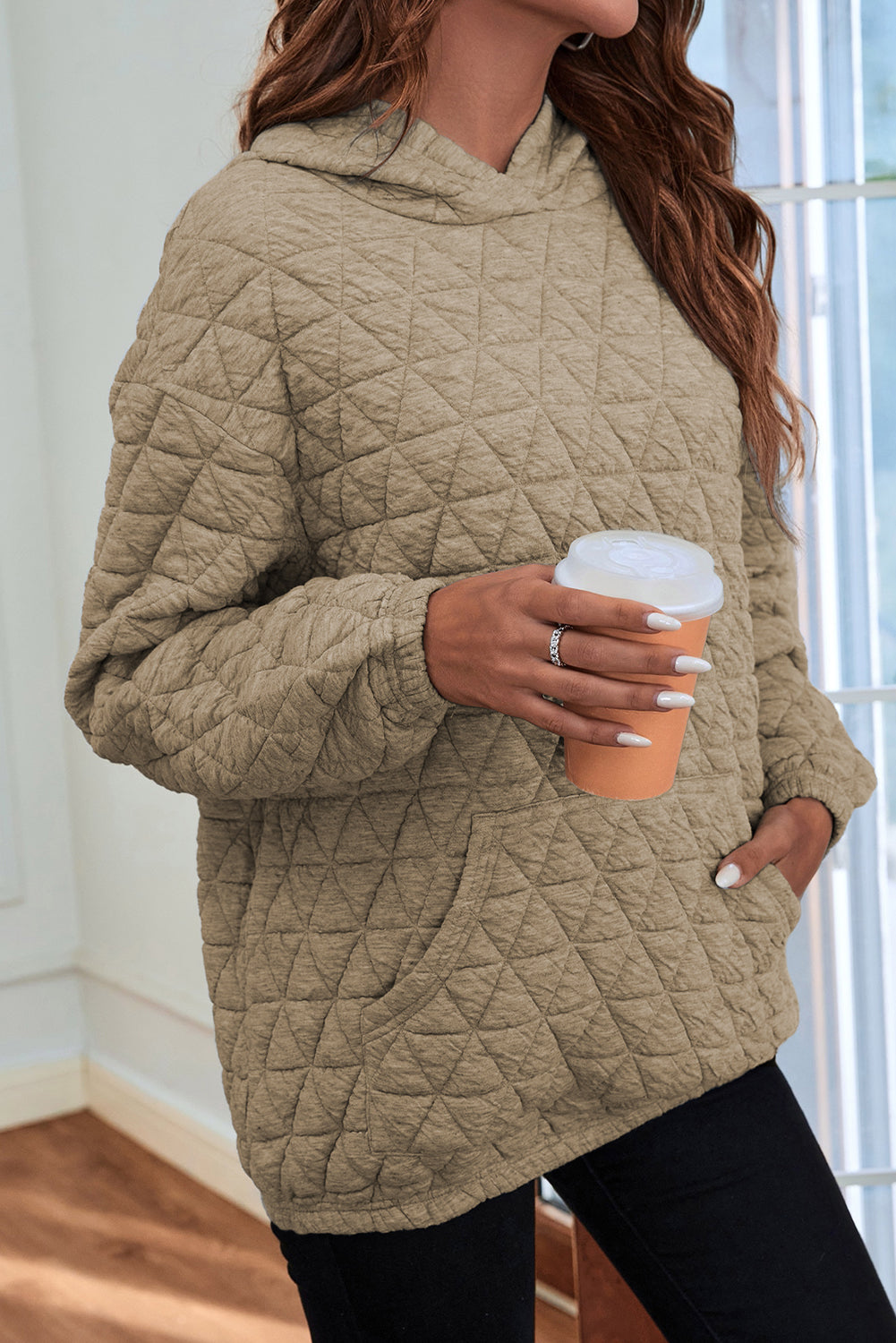 Coffee Thermal Quilted Kangaroo Pocket Hoodie