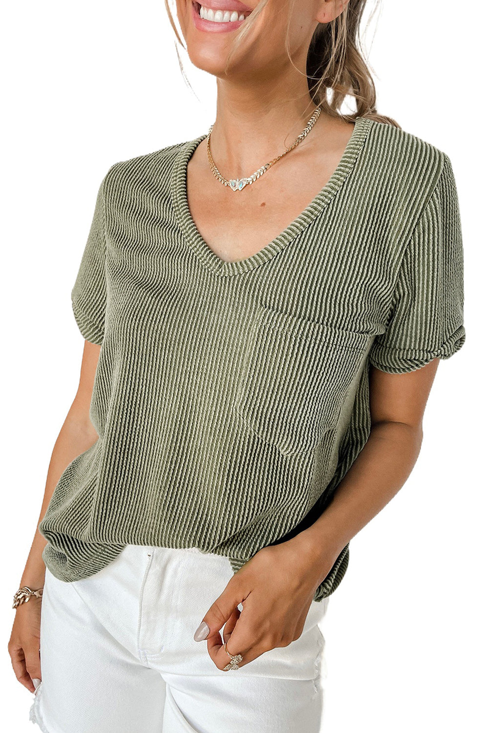 Corded Pocket V Neck T Shirt
