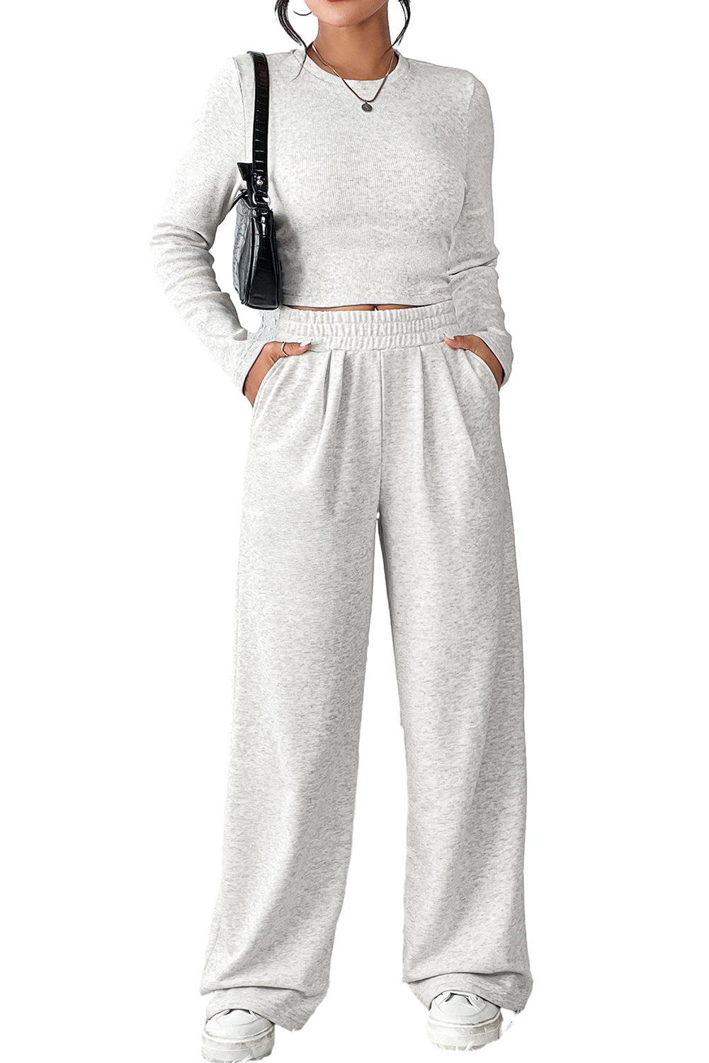 Black Long Sleeve Crop Top And Wide Leg Pants Set