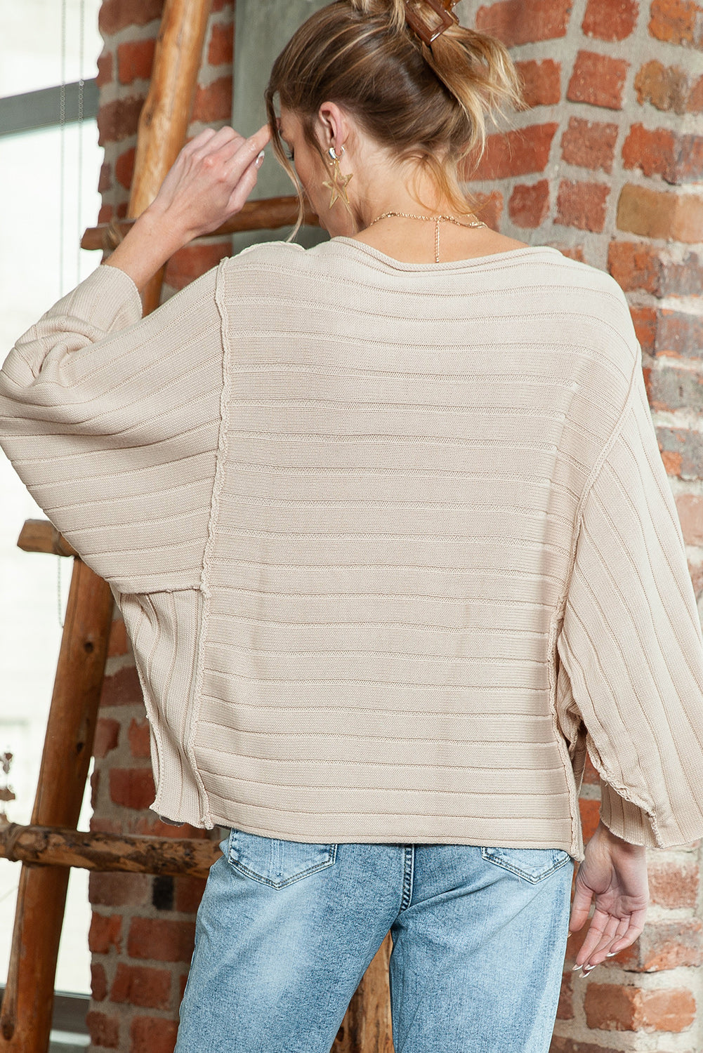 Brown Ribbed Knit Exposed Seam Dolman Sweater