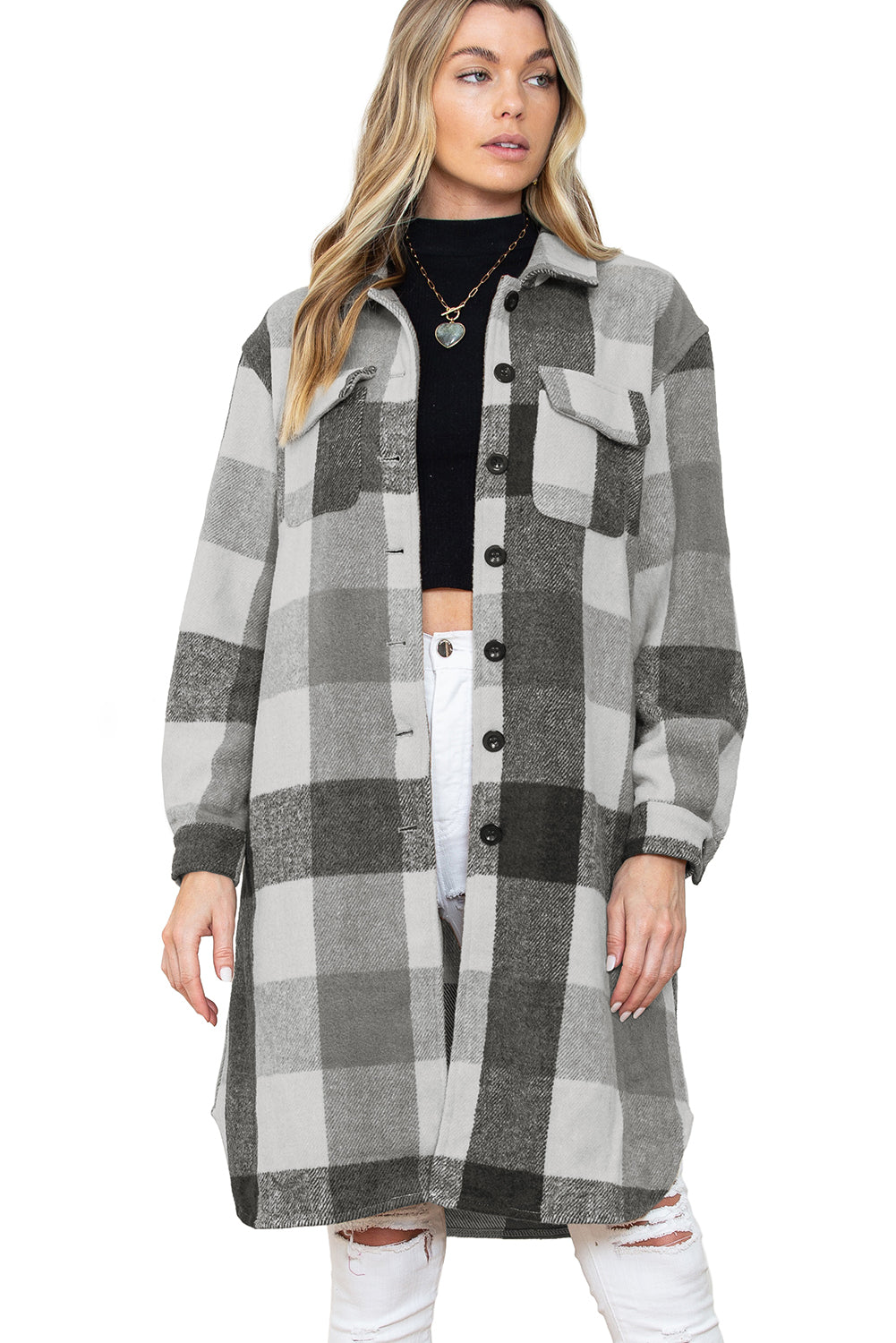 Khaki Plaid Colorblock Button Down Flap Pocket Long Shacket