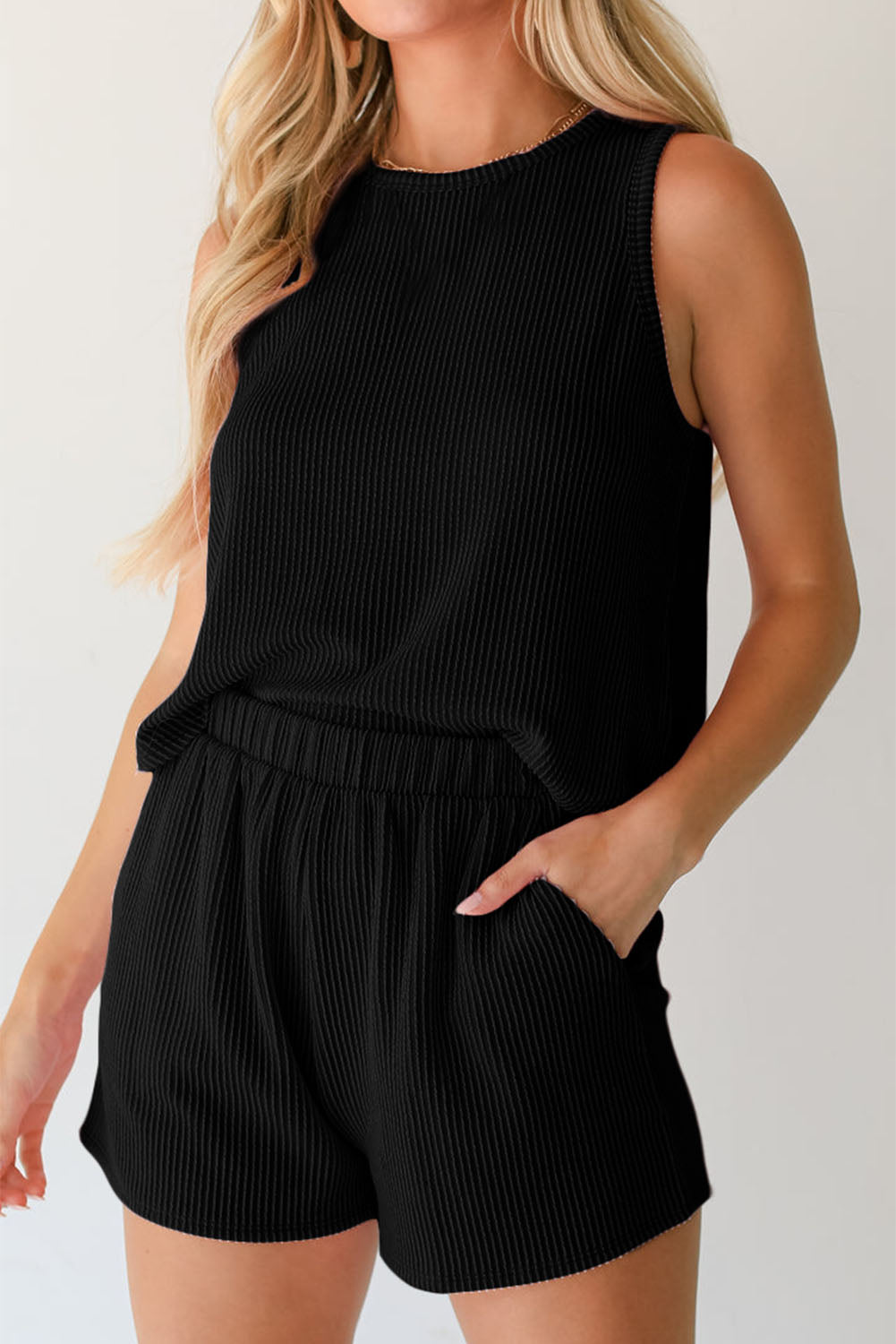 Ribbed Sleeveless Top and Pocketed Shorts Set