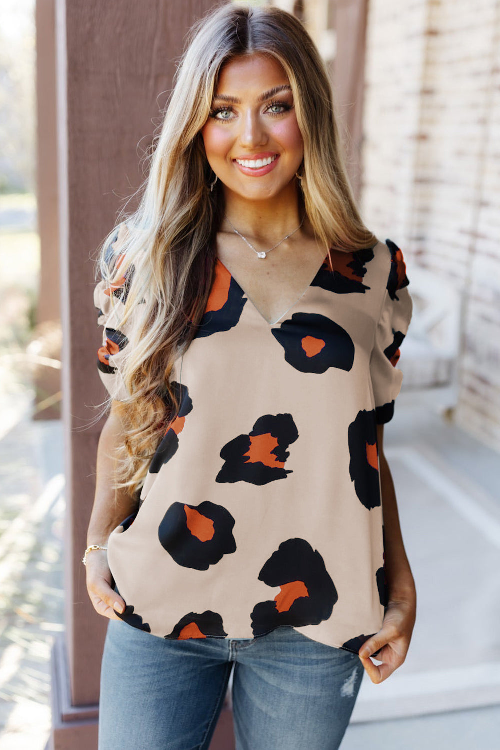 V Neck Ruched Short Sleeve Leopard Print Short Sleeve Blouse