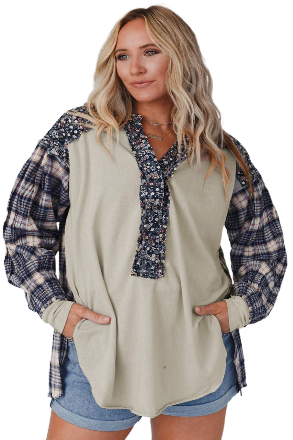 Red Dahlia Mixed Print Half Buttons Plus Size Pullover Top
