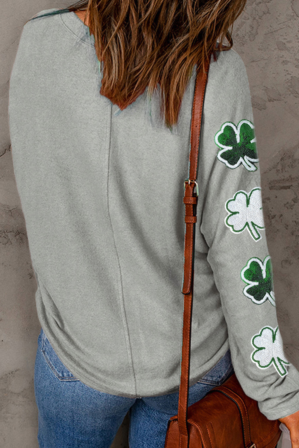 Gray Sequin St Patrick Clover Patched Graphic Long Sleeve Tee