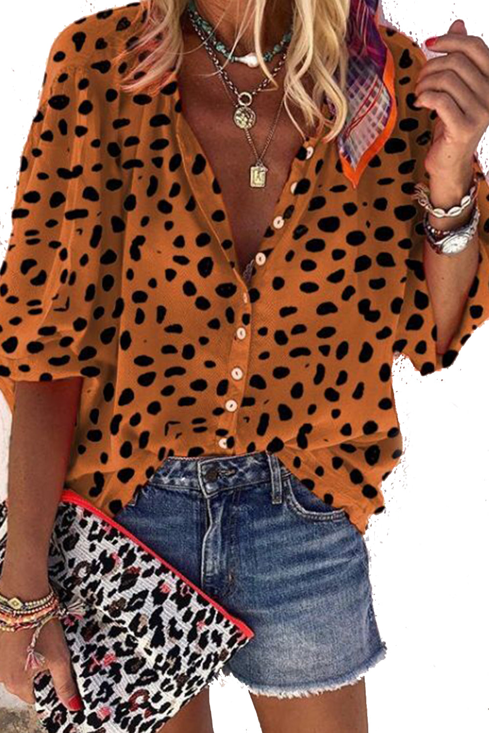 Chestnut Print Bishop Sleeve Button Up Shirt
