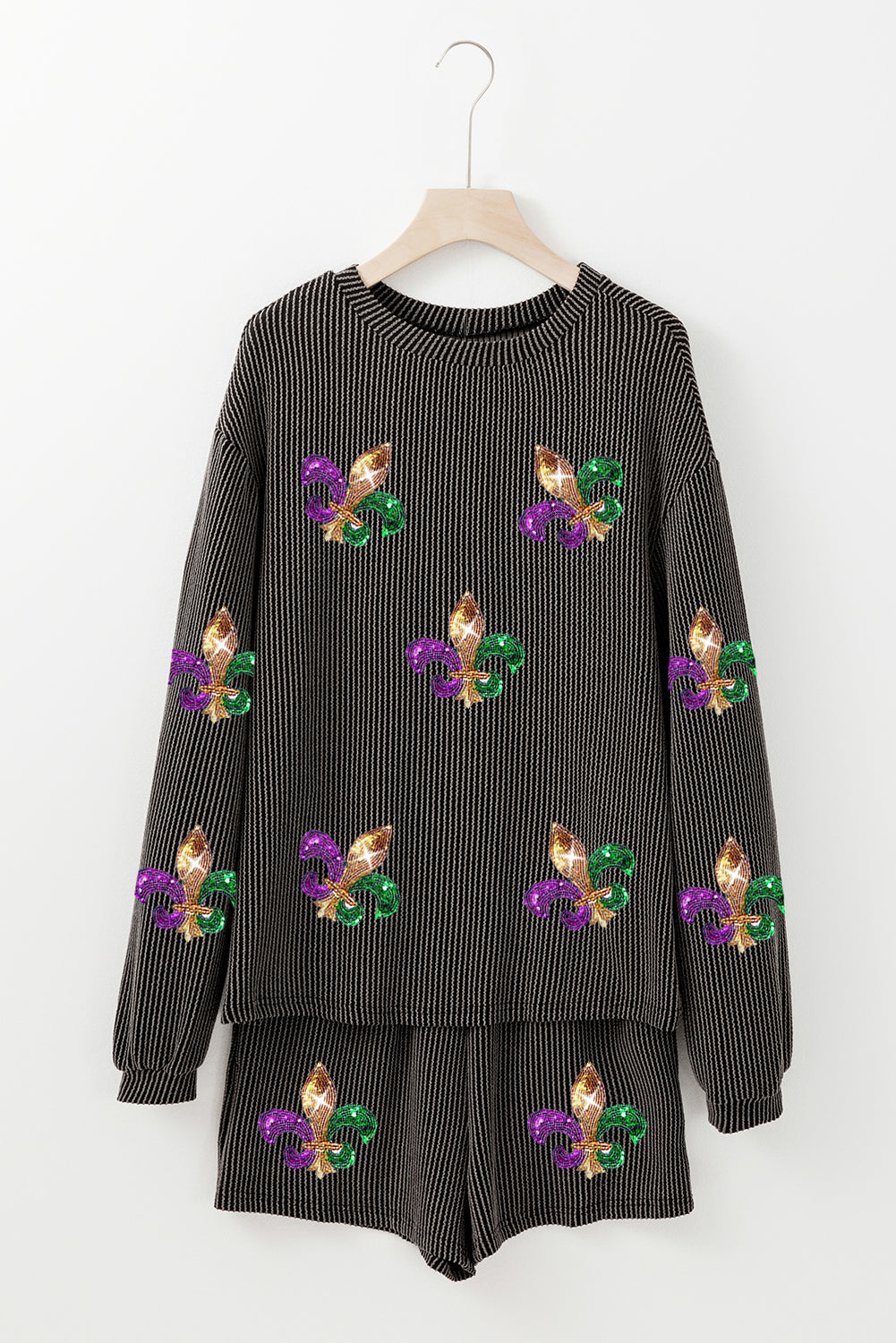 Phalaenopsis Mardi Gras Graphic Patched Corded Long Sleeve Top and Shorts