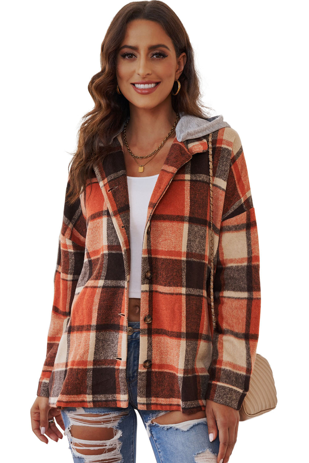 Plaid Button Front Drop Sleeve Hooded Shacket