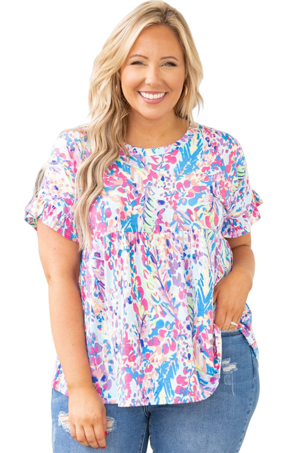 Abstract Print Wrap V Neck Flutter Sleeve Mid Length Summer Dress
