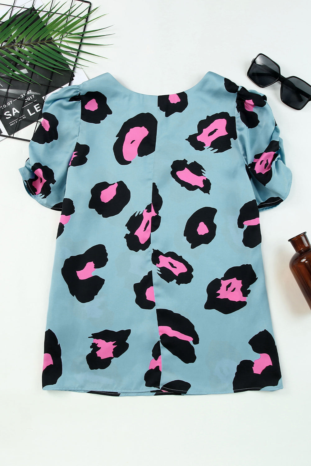 V Neck Ruched Short Sleeve Leopard Print Short Sleeve Blouse