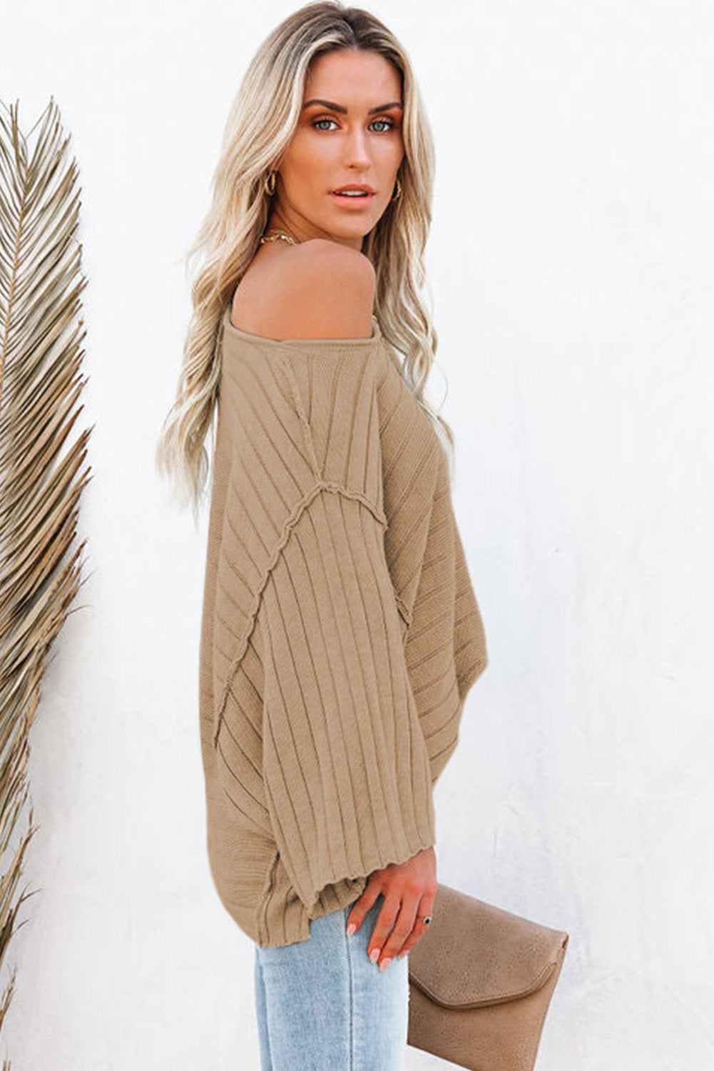 Brown Ribbed Knit Exposed Seam Dolman Sweater