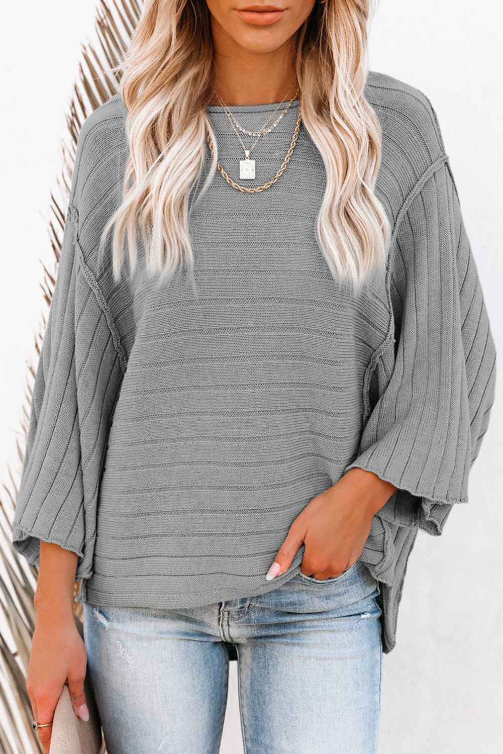 Brown Ribbed Knit Exposed Seam Dolman Sweater