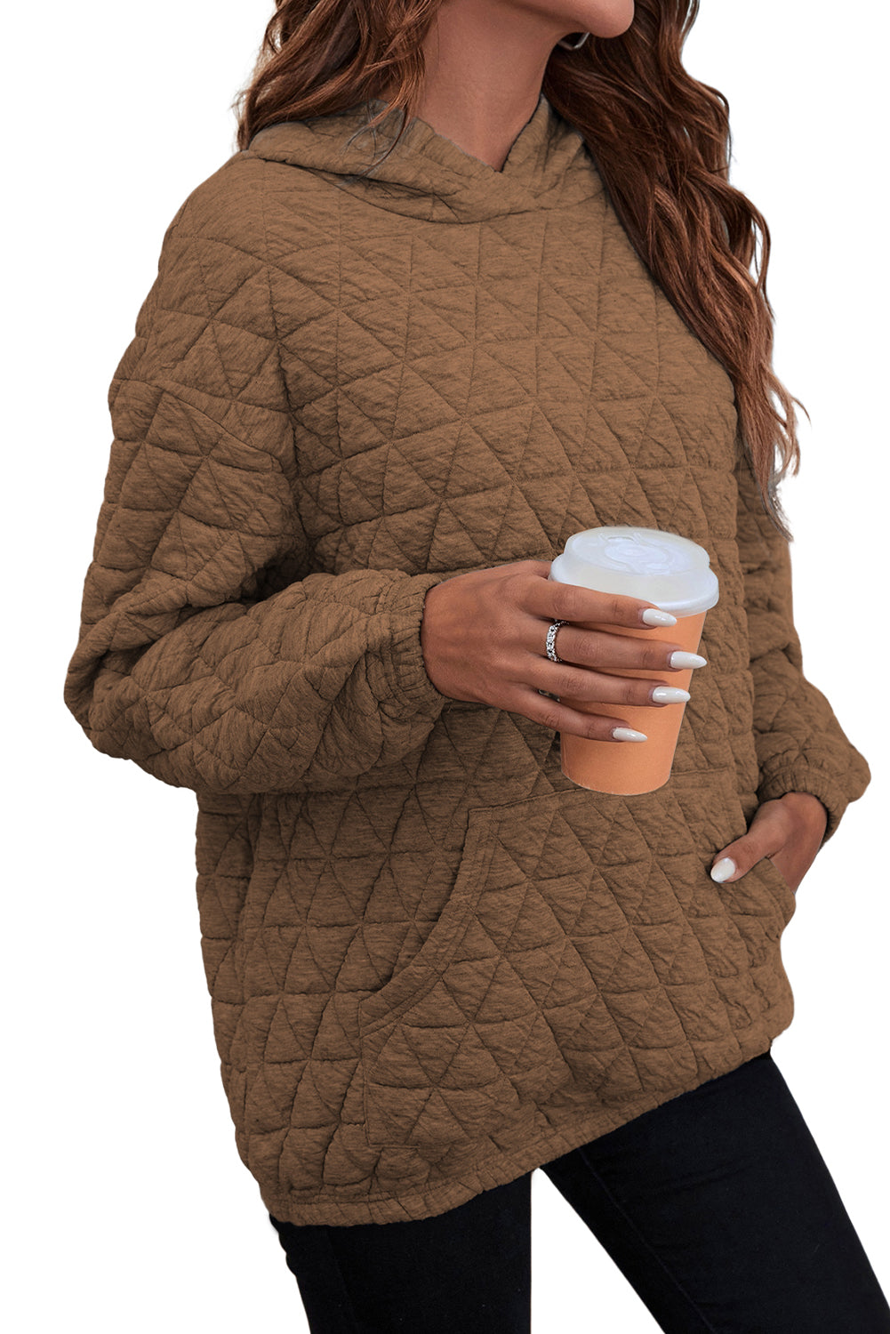 Coffee Thermal Quilted Kangaroo Pocket Hoodie