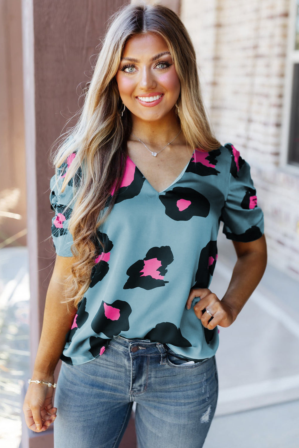 V Neck Ruched Short Sleeve Leopard Print Short Sleeve Blouse