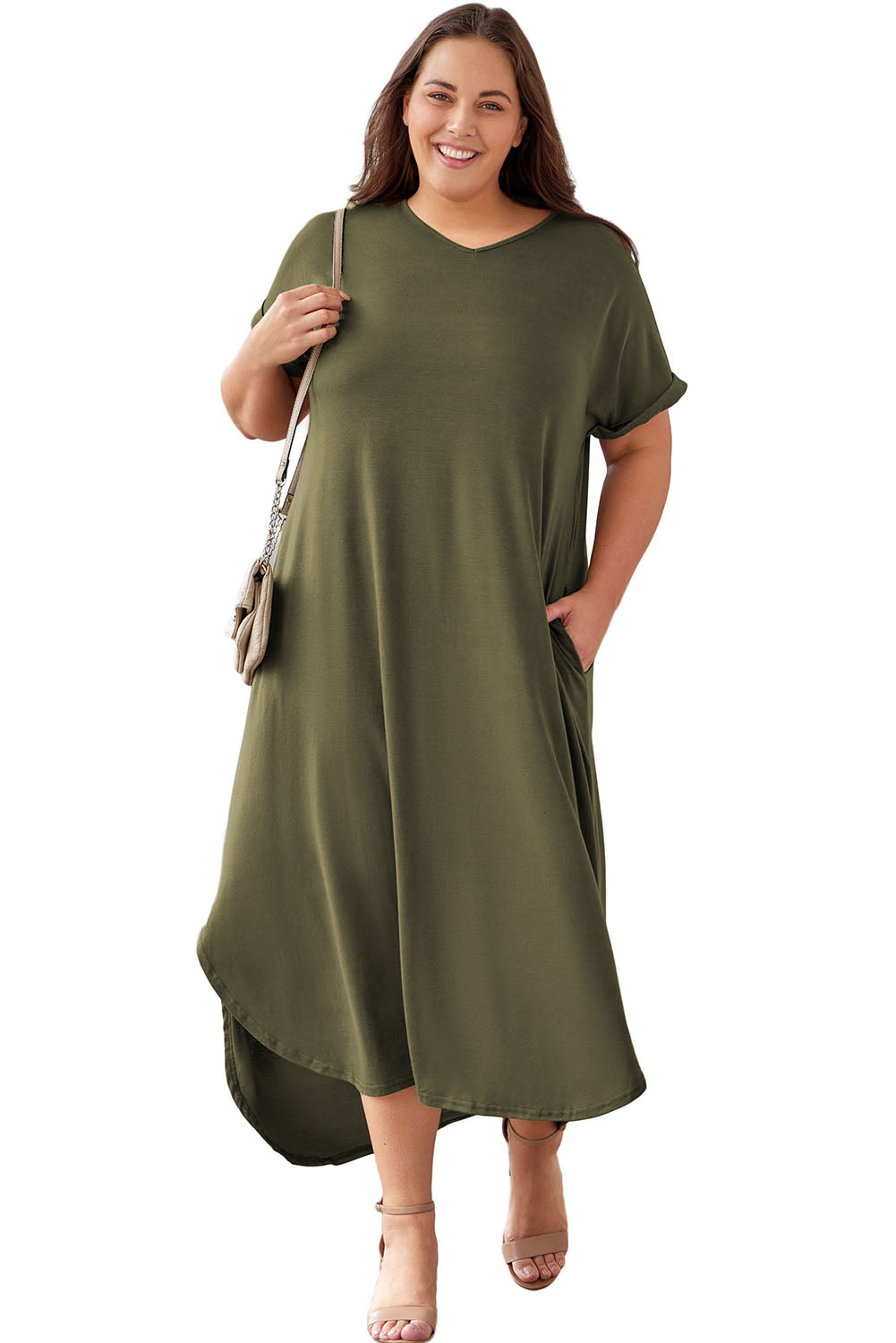V Neck Rolled Cuffs Plus Size Maxi Dress