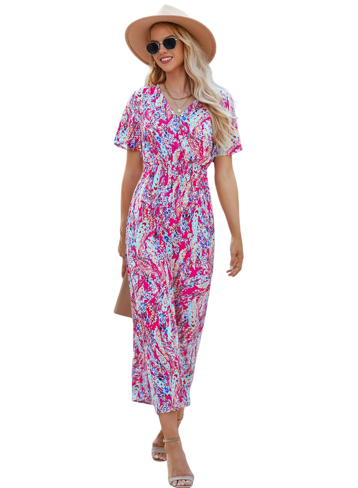 Abstract Print Wrap V Neck Flutter Sleeve Mid Length Summer Dress