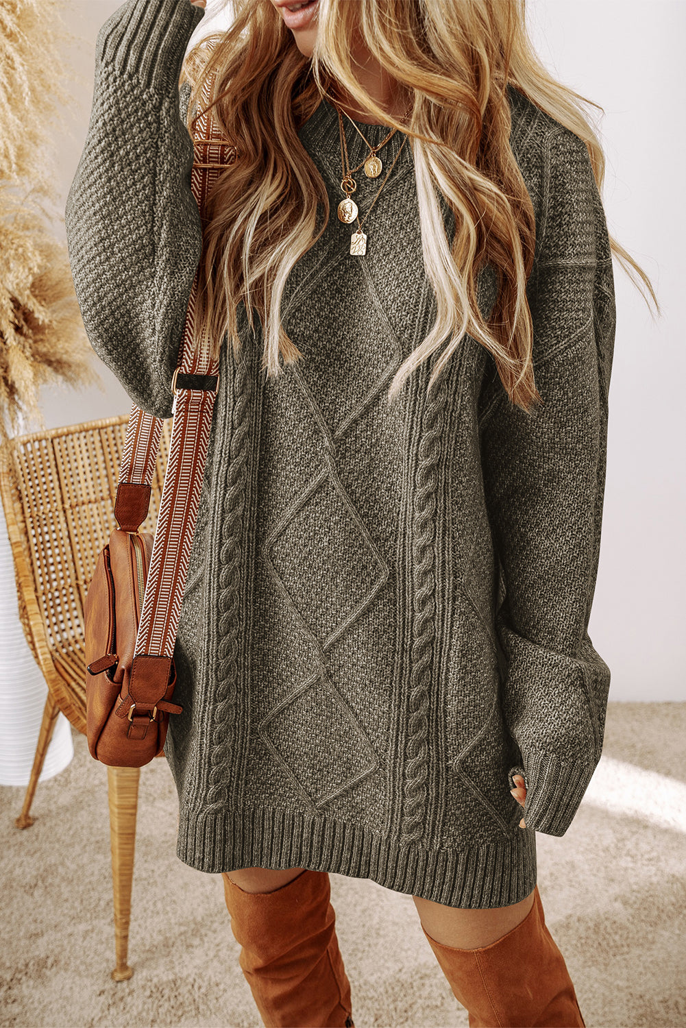 Twist Cable Knit Drop Shoulder Loose Fit Sweater Dress