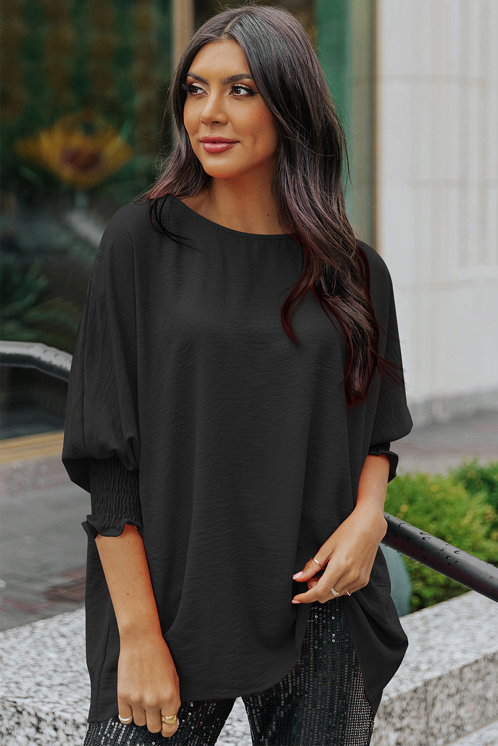 Casual Shirred Cuffs Half Sleeve Top