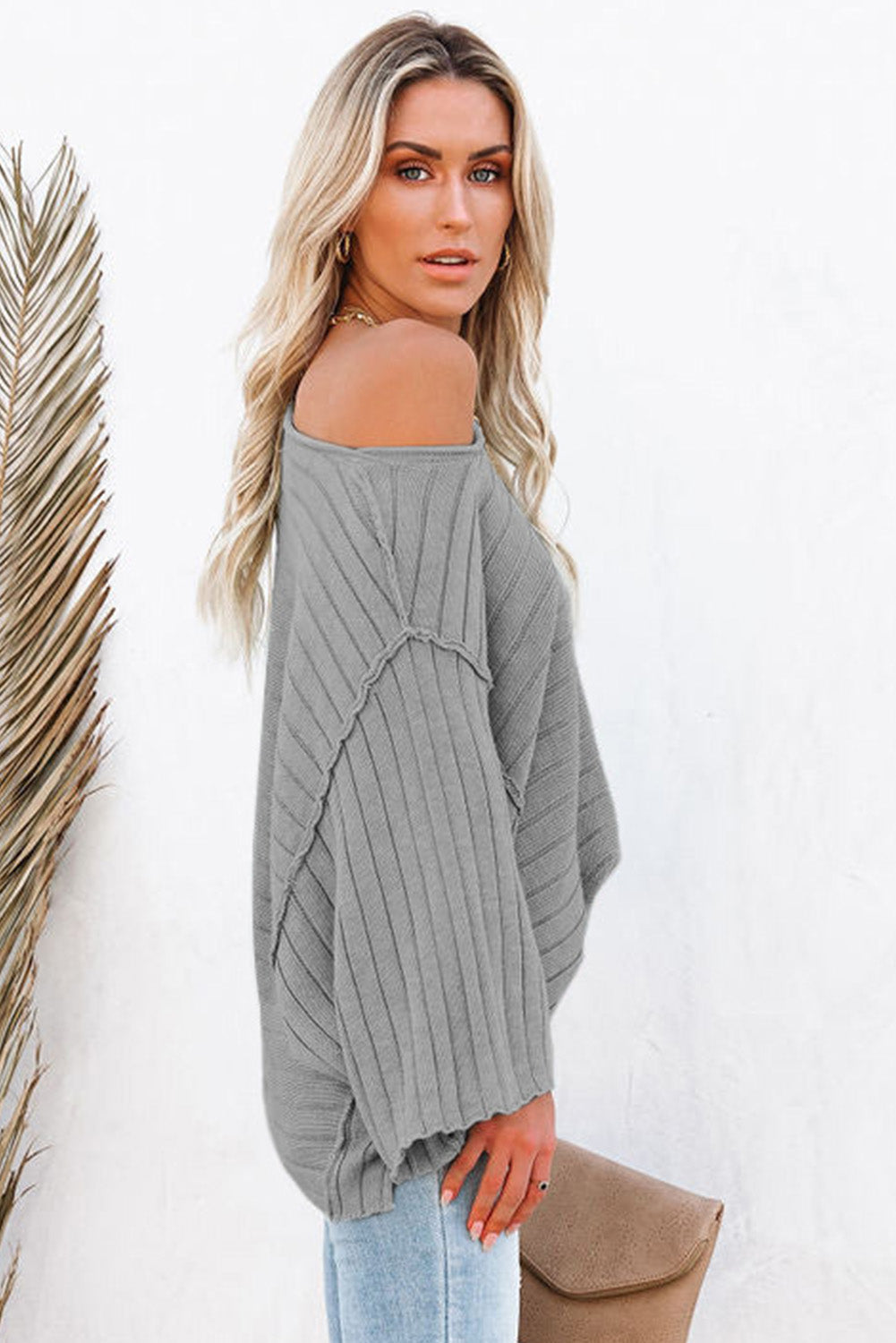 Brown Ribbed Knit Exposed Seam Dolman Sweater