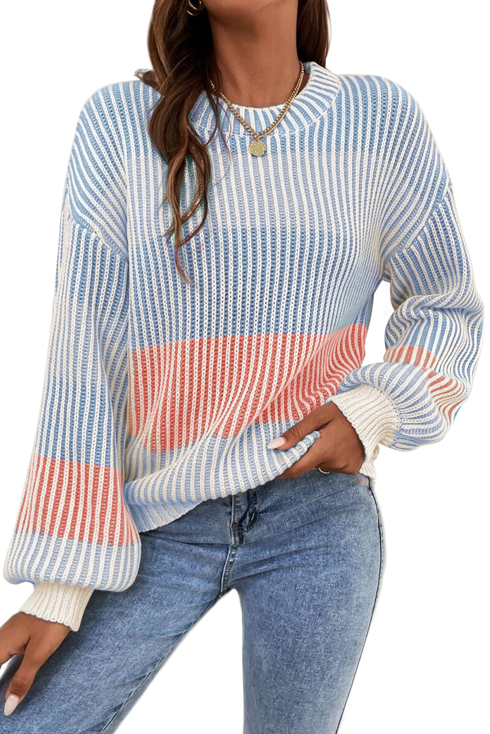 multi Colorblock Lantern Sleeve Rib Knitted Sweater