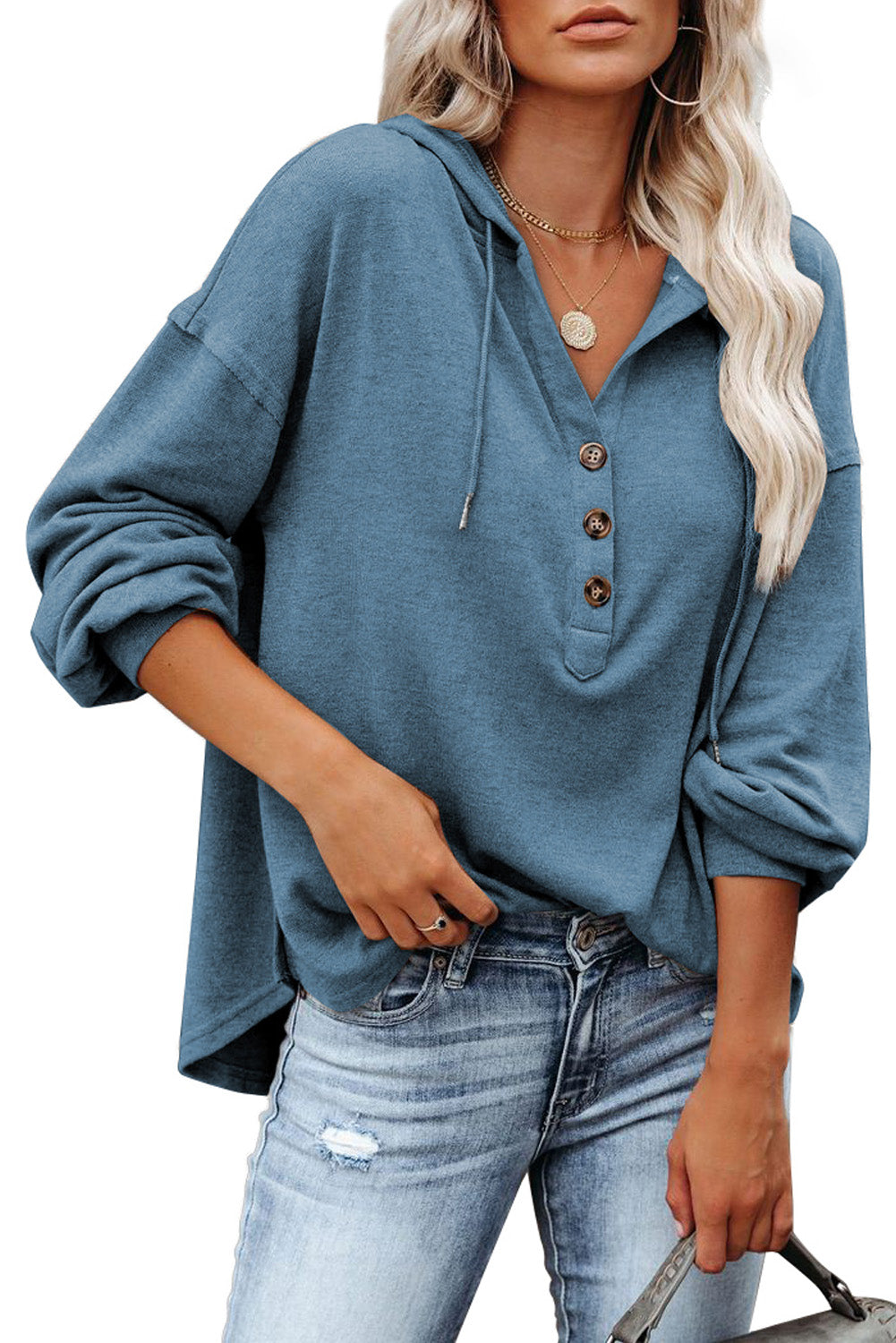 Button Front Pullover Hooded Sweatshirt