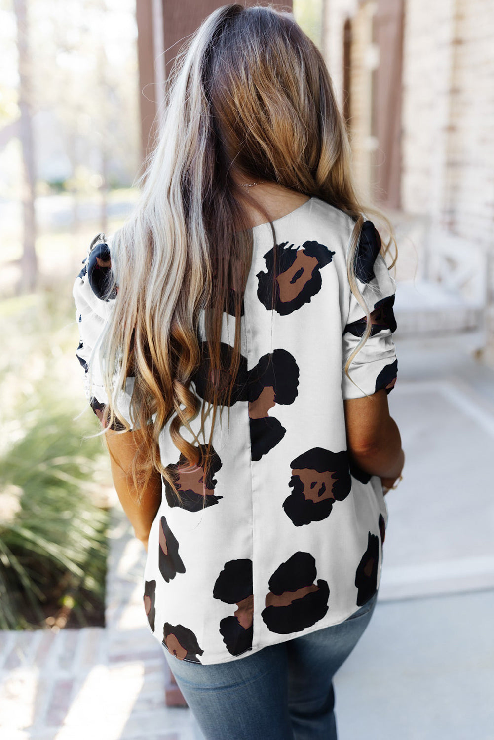 V Neck Ruched Short Sleeve Leopard Print Short Sleeve Blouse