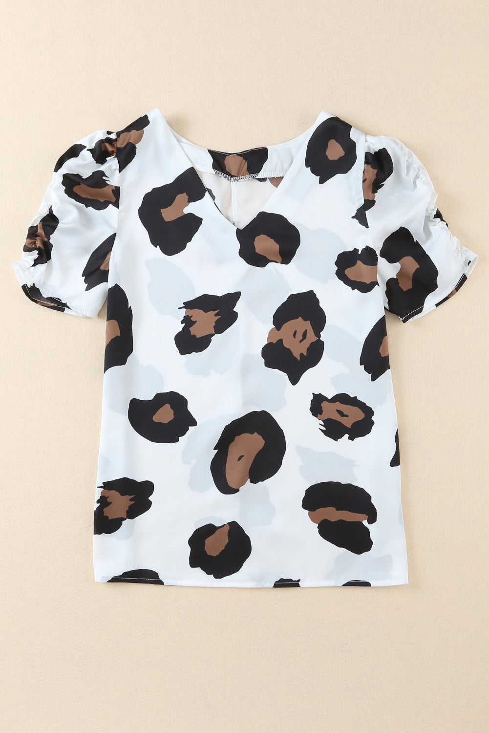 V Neck Ruched Short Sleeve Leopard Print Short Sleeve Blouse