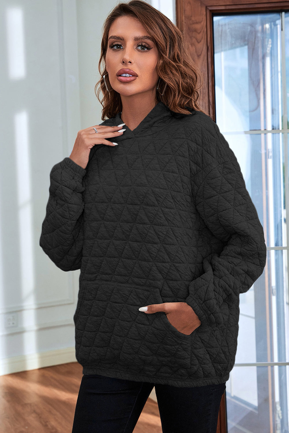 Coffee Thermal Quilted Kangaroo Pocket Hoodie