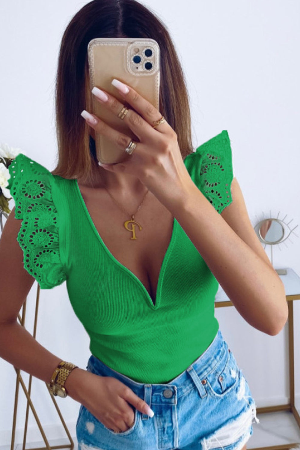 V Neck Flutter Shoulder Ribbed Knit Top