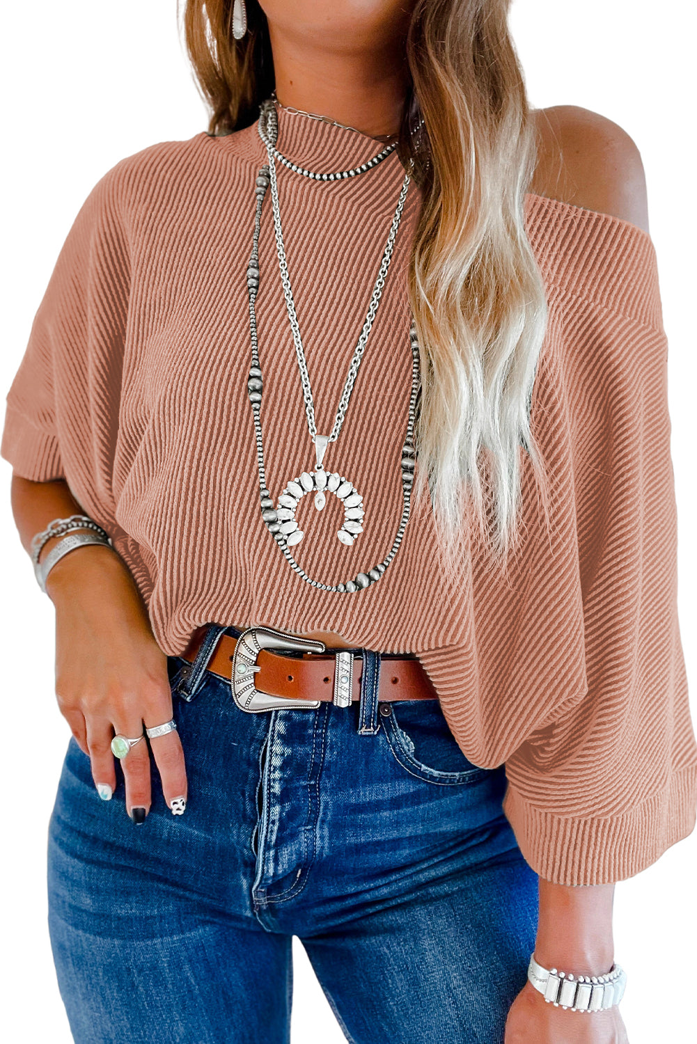 Apricot Boatneck Batwing Sleeve Cording Top