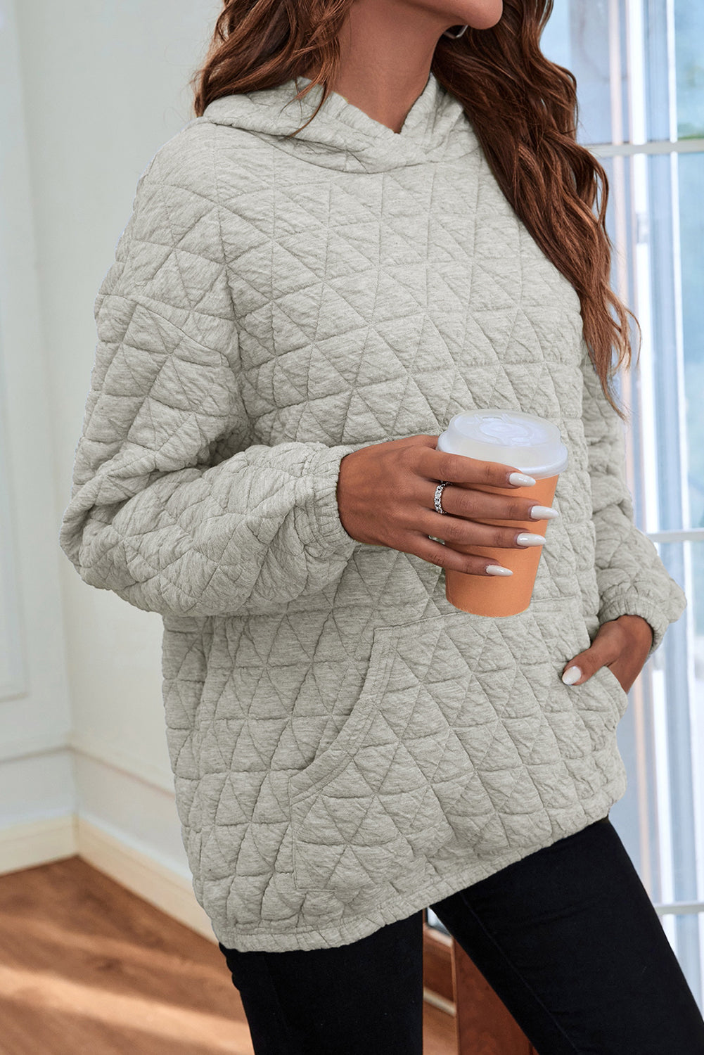 Coffee Thermal Quilted Kangaroo Pocket Hoodie