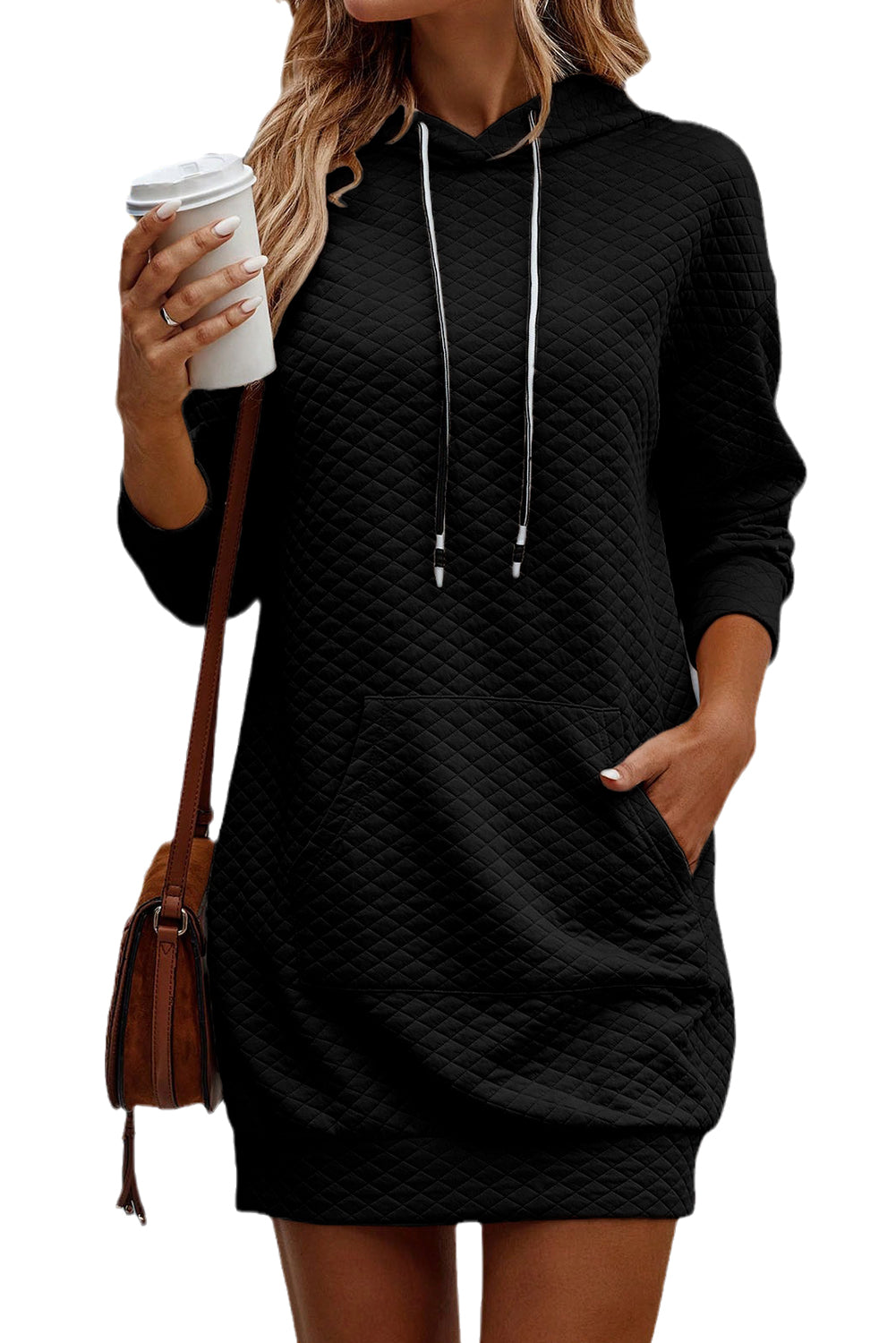 Parchment Drawstring Kangaroo Pocket Quilted Hooded Dress