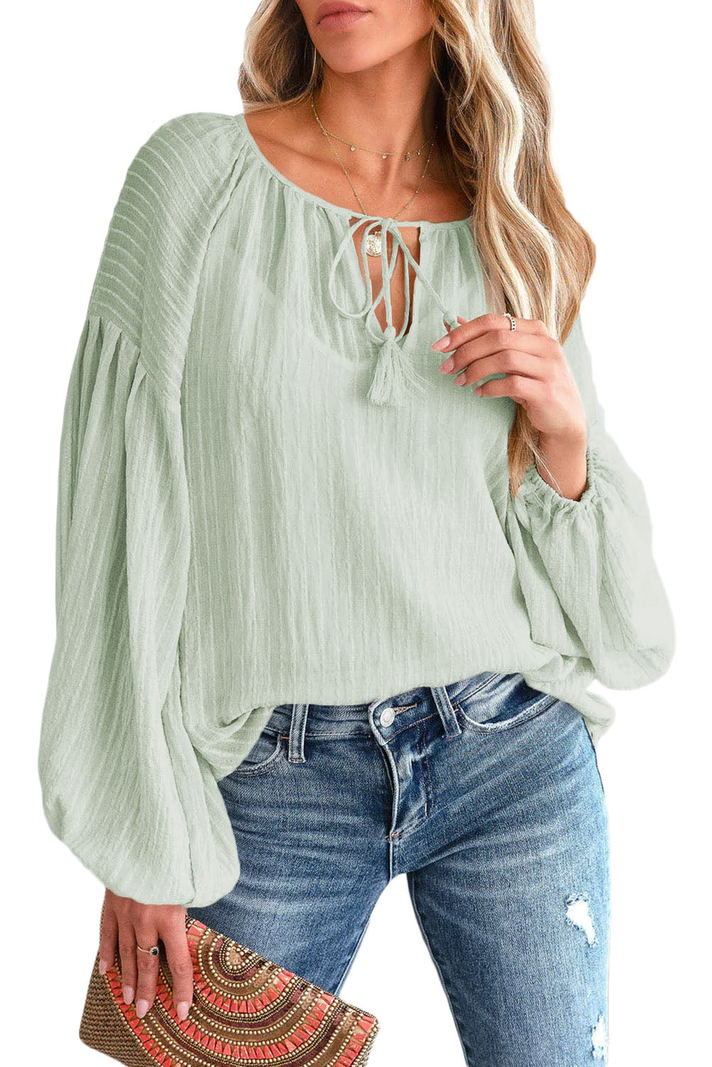 Brown Lantern Sleeve Tassel Drawstring Tie Blouse