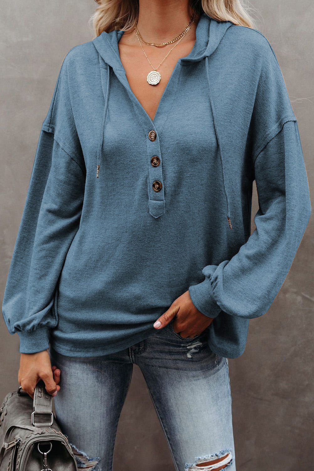 Button Front Pullover Hooded Sweatshirt