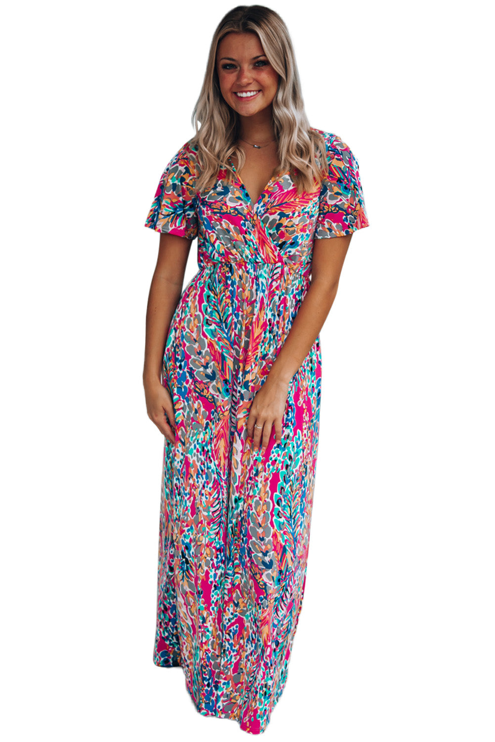 Abstract Print Wrap V Neck Flutter Sleeve Mid Length Summer Dress