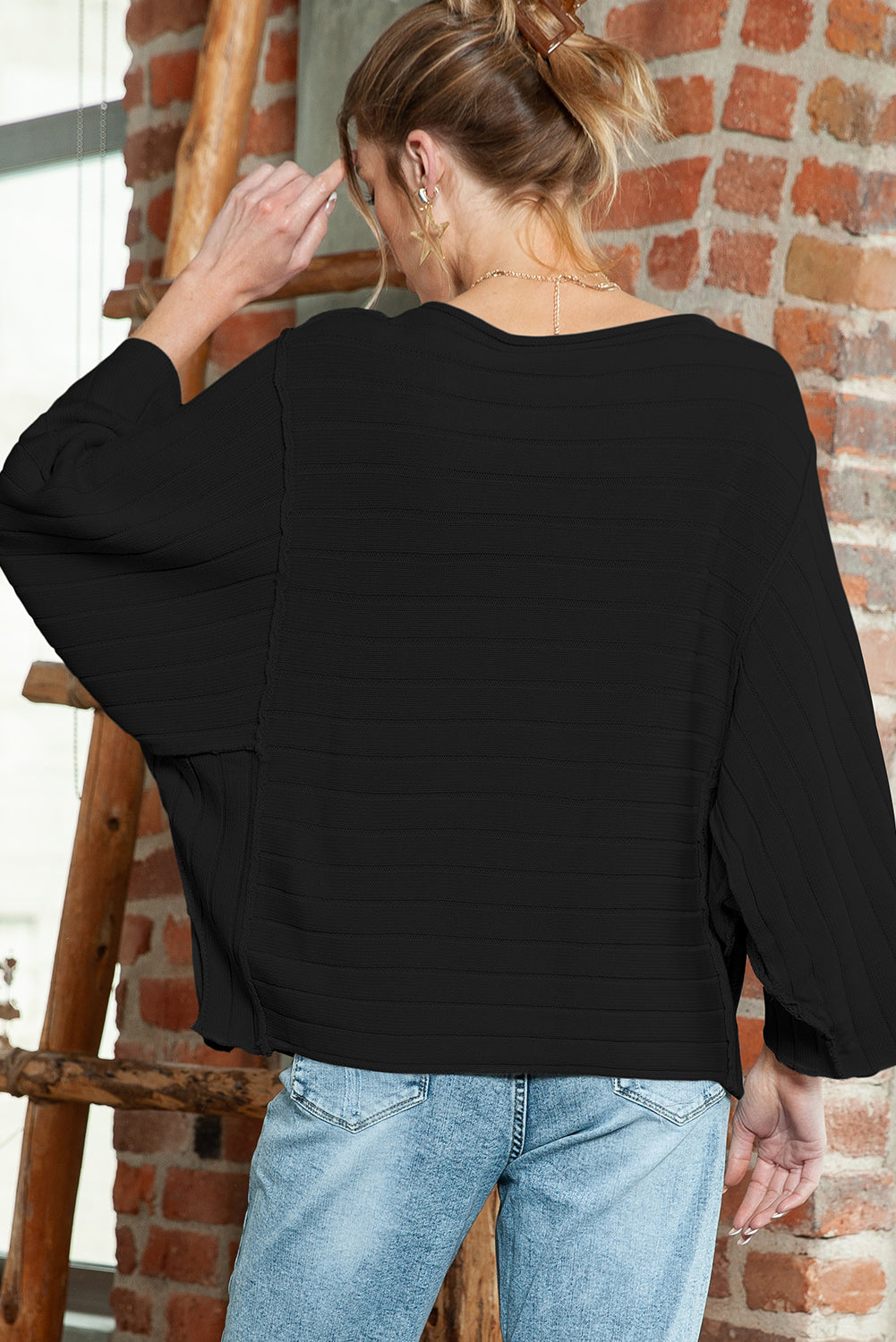Brown Ribbed Knit Exposed Seam Dolman Sweater